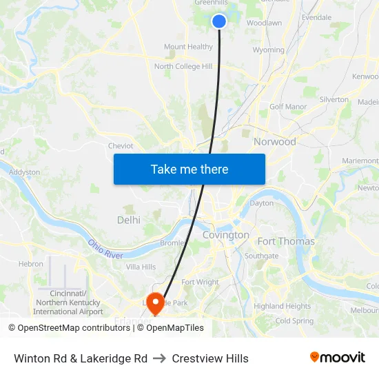 Winton Rd & Lakeridge Rd to Crestview Hills map
