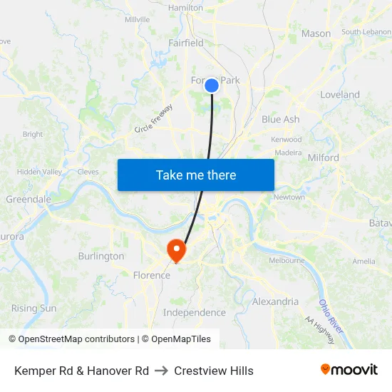 Kemper Rd & Hanover Rd to Crestview Hills map