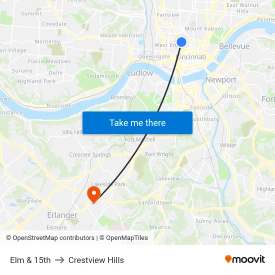 Elm & 15th to Crestview Hills map
