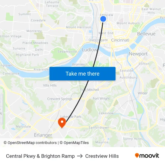 Central Pkwy & Brighton Ramp to Crestview Hills map