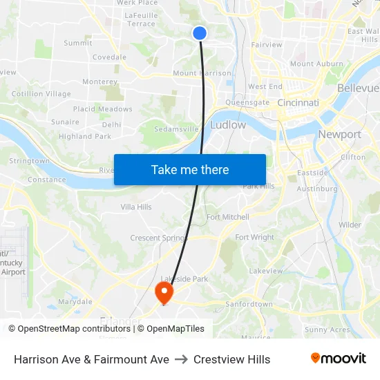 Harrison Ave & Fairmount Ave to Crestview Hills map