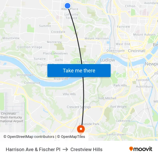 Harrison Ave & Fischer Pl to Crestview Hills map