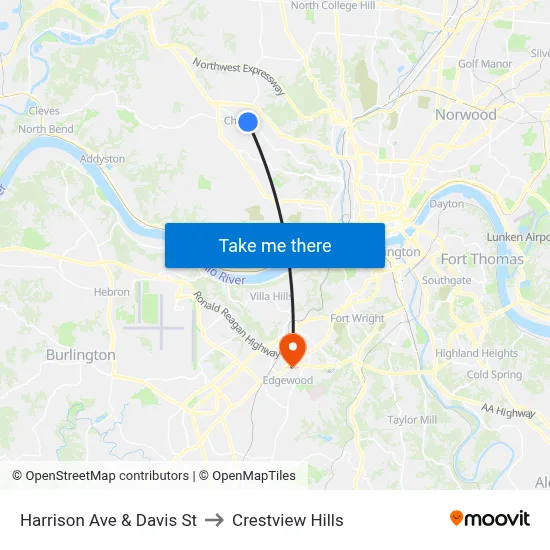 Harrison Ave & Davis St to Crestview Hills map