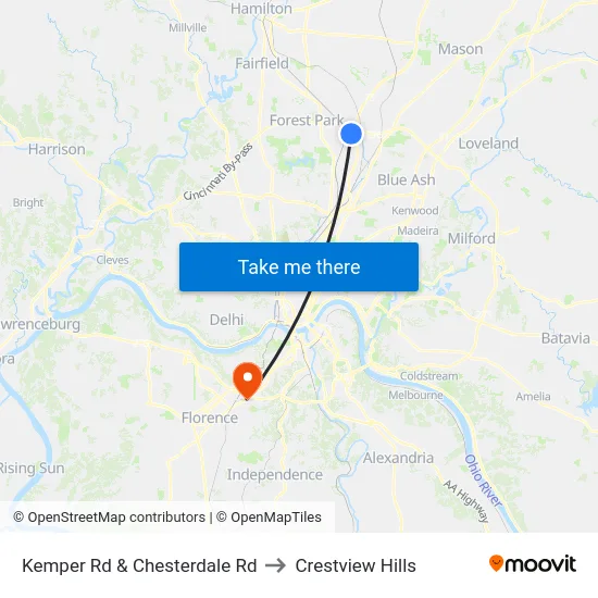 Kemper Rd & Chesterdale Rd to Crestview Hills map