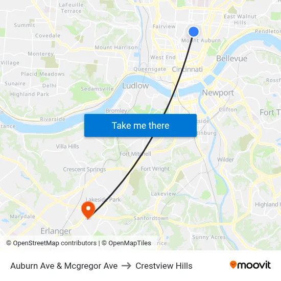 Auburn Ave & Mcgregor Ave to Crestview Hills map