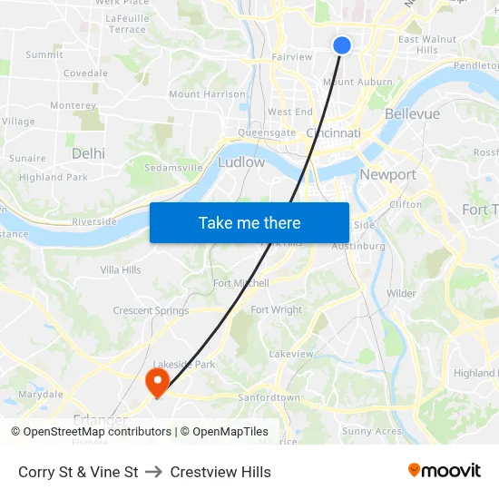 Corry St & Vine St to Crestview Hills map