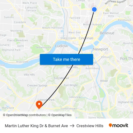 Martin Luther King Dr & Burnet Ave to Crestview Hills map