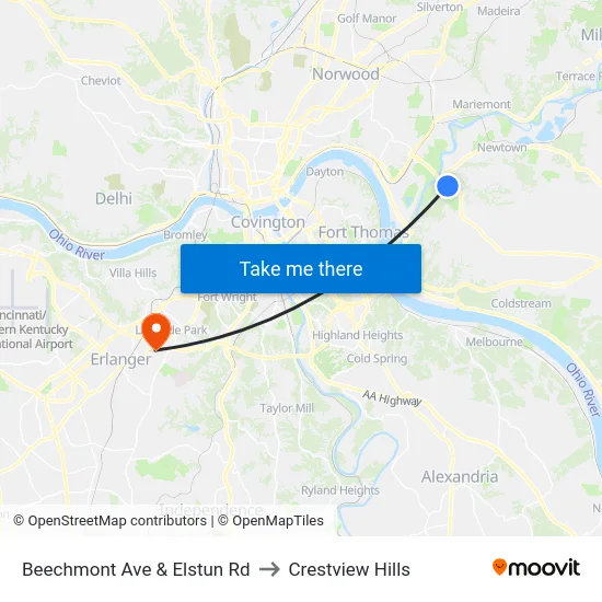 Beechmont Ave & Elstun Rd to Crestview Hills map