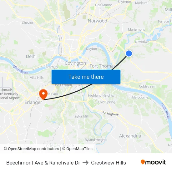 Beechmont Ave & Ranchvale Dr to Crestview Hills map
