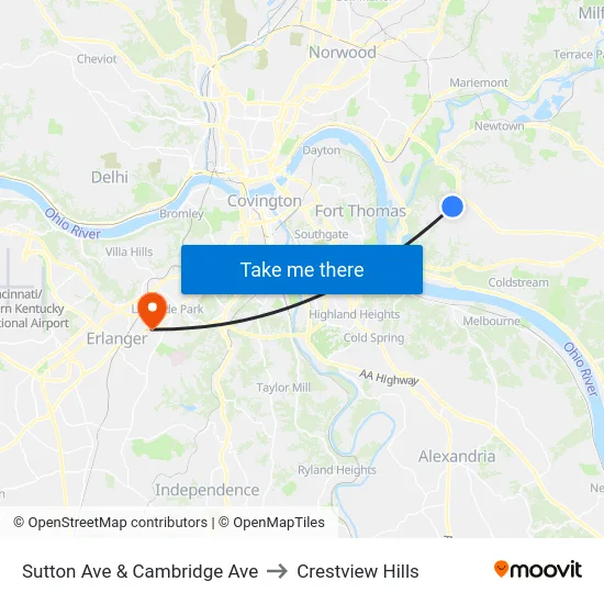 Sutton Ave & Cambridge Ave to Crestview Hills map