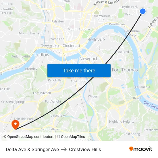 Delta Ave & Springer Ave to Crestview Hills map