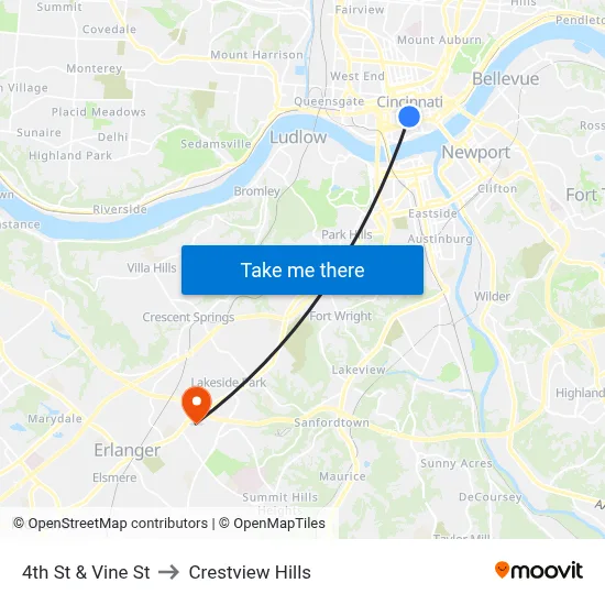 4th St & Vine St to Crestview Hills map