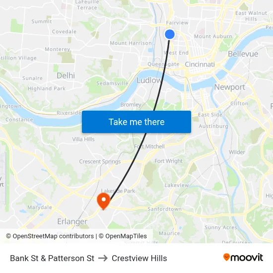 Bank St & Patterson St to Crestview Hills map