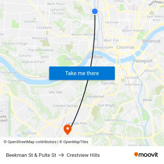 Beekman St & Pulte St to Crestview Hills map