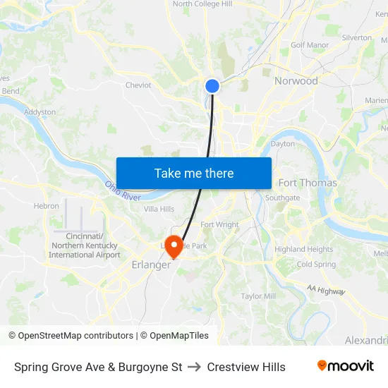 Spring Grove Ave & Burgoyne St to Crestview Hills map