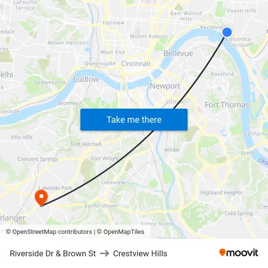 Riverside Dr & Brown St to Crestview Hills map
