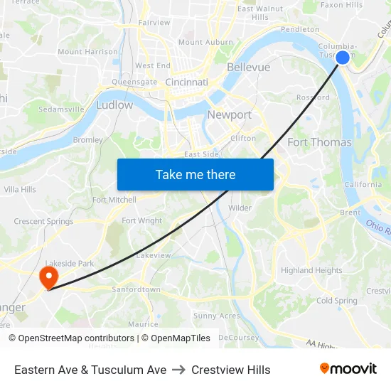 Eastern Ave & Tusculum Ave to Crestview Hills map