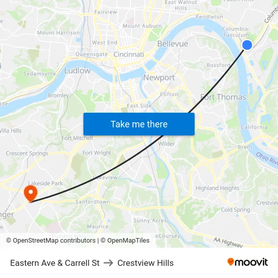 Eastern Ave & Carrell St to Crestview Hills map