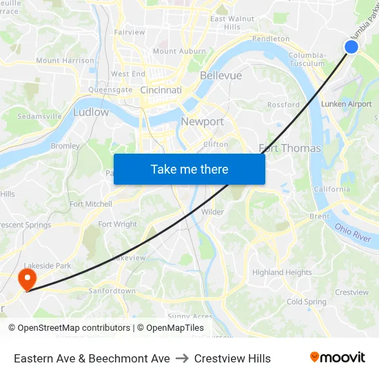 Eastern Ave & Beechmont Ave to Crestview Hills map