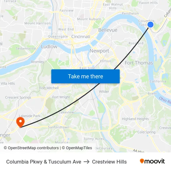 Columbia Pkwy & Tusculum Ave to Crestview Hills map