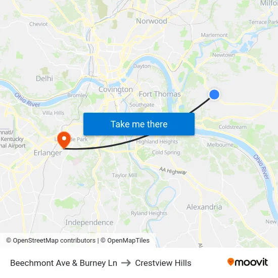 Beechmont Ave & Burney Ln to Crestview Hills map