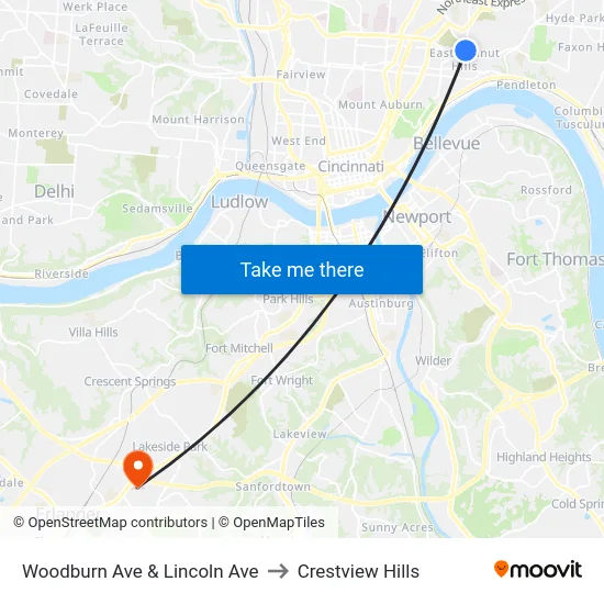 Woodburn Ave & Lincoln Ave to Crestview Hills map