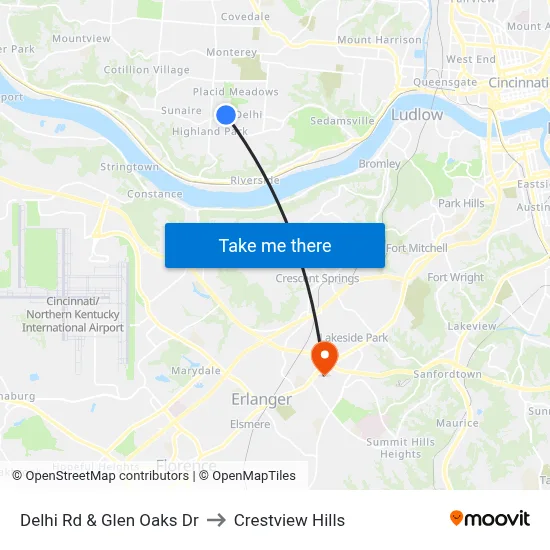 Delhi Rd & Glen Oaks Dr to Crestview Hills map