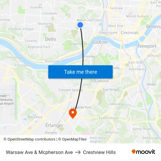 Warsaw Ave & Mcpherson Ave to Crestview Hills map