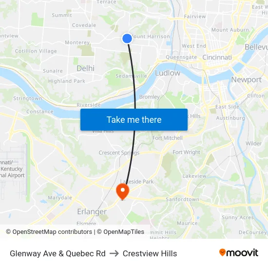 Glenway Ave & Quebec Rd to Crestview Hills map