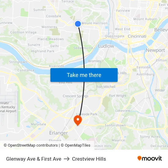 Glenway Ave & First Ave to Crestview Hills map