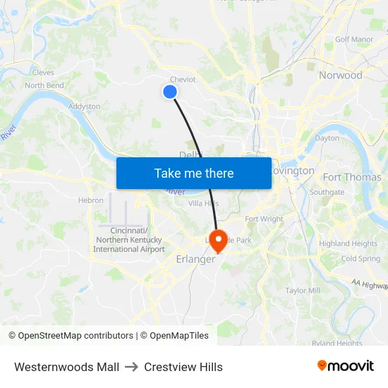 Westernwoods Mall to Crestview Hills map