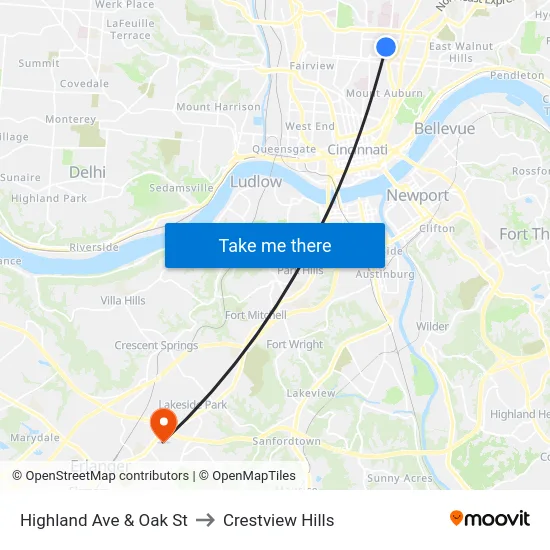 Highland Ave & Oak St to Crestview Hills map