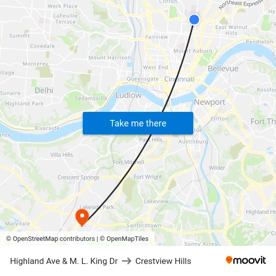 Highland Ave & M. L. King Dr to Crestview Hills map