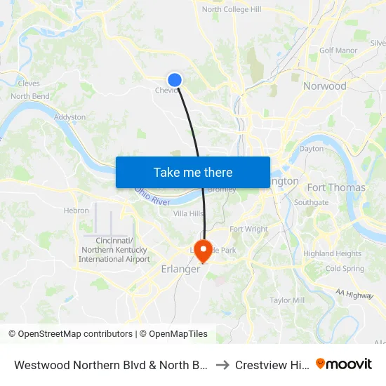 Westwood Northern Blvd & North Bend to Crestview Hills map