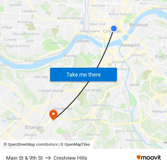 Main St & 9th St to Crestview Hills map