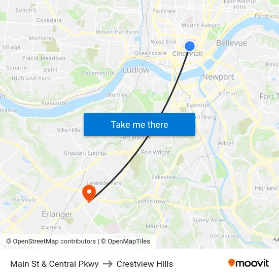 Main St & Central Pkwy to Crestview Hills map