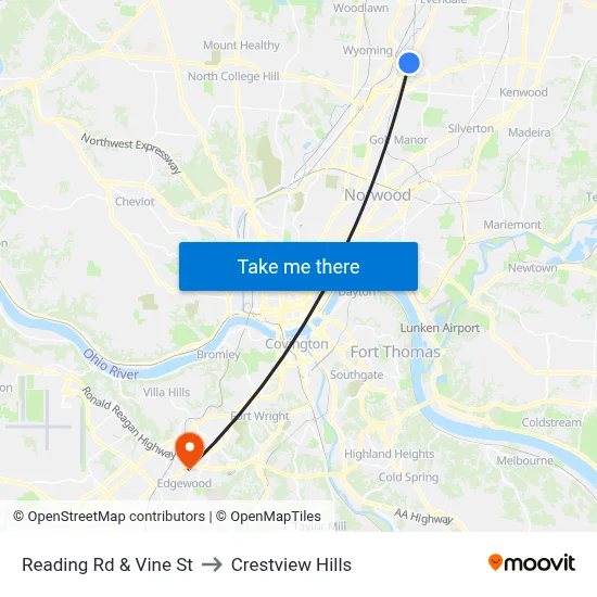 Reading Rd & Vine St to Crestview Hills map