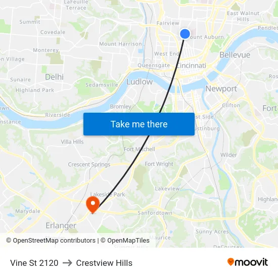 Vine St 2120 to Crestview Hills map