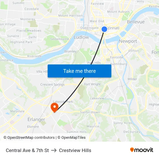 Central Ave & 7th St to Crestview Hills map