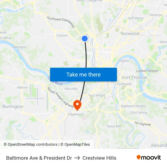 Baltimore Ave & President Dr to Crestview Hills map