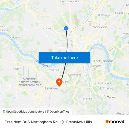 President Dr & Nottingham Rd to Crestview Hills map