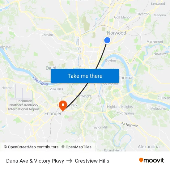 Dana Ave & Victory Pkwy to Crestview Hills map