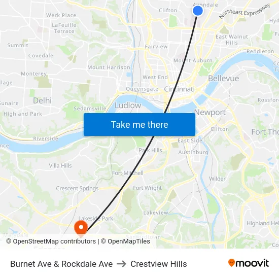 Burnet Ave & Rockdale Ave to Crestview Hills map