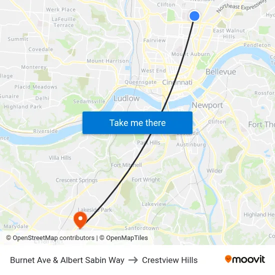 Burnet Ave & Albert Sabin Way to Crestview Hills map