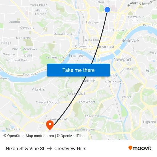 Nixon St & Vine St to Crestview Hills map