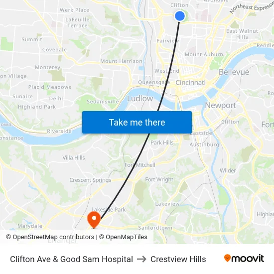 Clifton Ave & Good Sam Hospital to Crestview Hills map