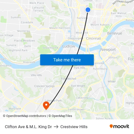 Clifton Ave & M.L. King Dr to Crestview Hills map