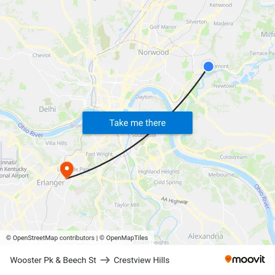 Wooster Pk & Beech St to Crestview Hills map