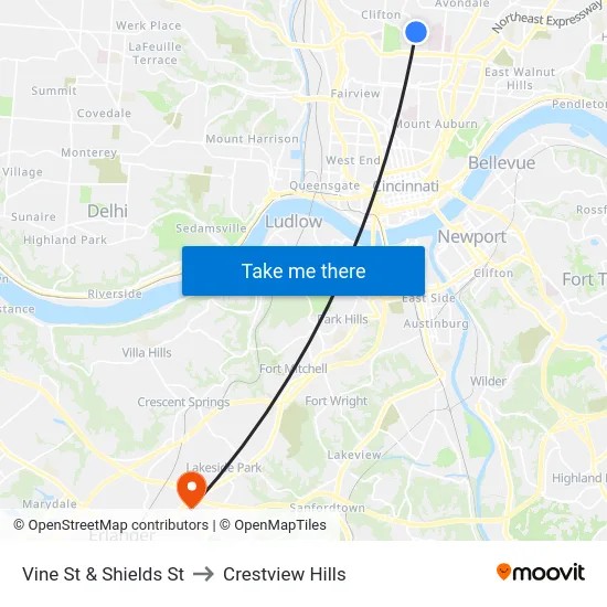 Vine St & Shields St to Crestview Hills map