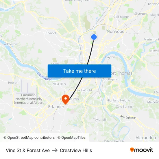 Vine St & Forest Ave to Crestview Hills map